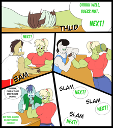 Size: 3160x3560 | Tagged: safe, artist:matchstickman, granny smith, oc, anthro, earth pony, pegasus, comic:free cider, anthro oc, arm wrestling, back muscles, biceps, breasts, busty granny smith, cider, clothes, deltoids, dialogue, drinking, female, flashback, gloves, granny smash, male, mare, muscles, onomatopoeia, shirt, simple background, speech bubble, stallion, sweat, unnamed oc, white background, young granny smith, younger