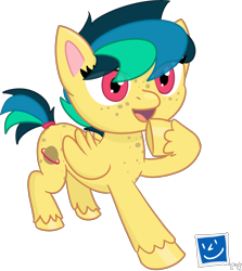 Size: 2888x3239 | Tagged: safe, artist:poniidesu, oc, oc only, oc:apogee, pegasus, pony, my little pony: pony life, /mlp/, :^), blue mane, cute, emoji, female, filly, green mane, hasbro logo, ocbetes, reveal the magic, simple background, solo, thinking, thinking emoji, transparent background, unshorn fetlocks, yellow fur