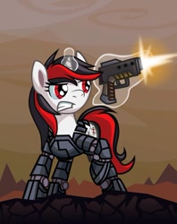 Size: 795x1005 | Tagged: safe, artist:cazra, oc, oc only, oc:blackjack, cyborg, pony, unicorn, fallout equestria, fallout equestria: project horizons, female, gun, handgun, level 2 (project horizons), magic, mare, pistol, solo, telekinesis, wasteland, weapon