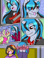 Size: 2448x3264 | Tagged: safe, artist:jolliapplegirl, oc, oc:epic rhyme, oc:serenade, anthro, earth pony, pegasus, unicorn, blushing, dialogue, eye clipping through hair, female, guitar, heart eyes, male, mare, next generation, offspring, parent:neon lights, parent:quibble pants, parent:rainbow dash, parent:vinyl scratch, parents:quibbledash, parents:vinylights, stallion, wingding eyes