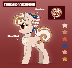 Size: 2000x1908 | Tagged: safe, artist:confetticakez, derpibooru import, oc, oc:cinnamon spangled, earth pony, pony, bandana, chest fluff, cinnamon bun, cute, female, fluffy, food, mare, ocbetes, patriotic, redesign, reference, reference sheet, solo