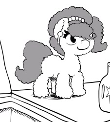 Size: 926x1024 | Tagged: safe, artist:muffinshire, oc, oc:brownie bun, pony, airpods, earbuds, everything went better than expected, fluffy, grayscale, lineart, monochrome, solo, washing machine