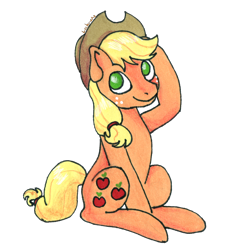 Size: 1702x1864 | Tagged: safe, artist:lechu-zaz, applejack, earth pony, pony, applejack's hat, cowboy hat, hat, looking up, simple background, sitting, solo, traditional art, transparent background