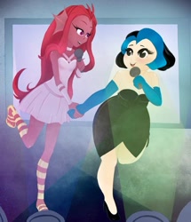 Size: 743x865 | Tagged: artist needed, source needed, safe, oc, oc:mezma, oc:spinelstar, human, equestria girls, beautiful, clothes, dress, feet, gloves, holding hands, karaoke, microphone, singing, smiling, socks, striped socks