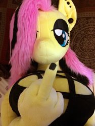 Size: 1224x1632 | Tagged: safe, artist:qtpony, fluttershy, anthro, anthro plushie, breasts, clothes, dress, ear piercing, eyeshadow, female, fluttergoth, goth, irl, makeup, middle finger, photo, piercing, plushie, solo, vulgar