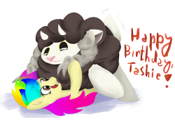 Size: 7016x4961 | Tagged: safe, artist:khaki-cap, artist:rainbow tashie, oc, oc:rainbow tashie, birthday, cuddling, fluffy, happy birthday, multicolored hair, poké yona, pokémon, rainbow hair, wooloo