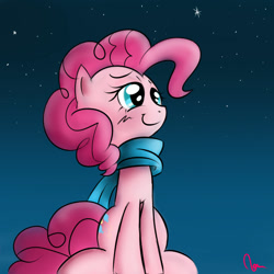 Size: 1000x1000 | Tagged: safe, artist:celine-artnsfw, pinkie pie, earth pony, pony, clothes, cute, diapinkes, female, lidded eyes, mare, night, scarf, sitting, sky, smiling, solo, stars