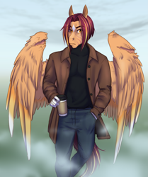 Size: 2135x2550 | Tagged: safe, artist:askbubblelee, oc, oc only, oc:sunstreak, anthro, pegasus, anthro oc, clothes, coat, coffee cup, cup, digital art, scar, solo, sweater