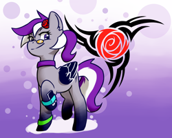 Size: 1920x1536 | Tagged: safe, artist:cerolean, derpibooru import, oc, oc only, oc:yunia, pegasus, pony, abstract background, bubble, choker, colored wings, cutie mark, flower, flower in hair, glasses, gradient hooves, looking at you, phone, prosthetic eye, prosthetics, raised hoof, rose, solo