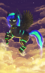 Size: 670x1080 | Tagged: safe, artist:aishamishizuomi, derpibooru import, oc, oc only, oc:moonstone mark, pony, cloud, cutie mark, flying, jewelry, necklace, night, sky, solo, wings, ych result