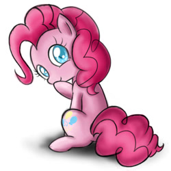 Size: 800x800 | Tagged: safe, artist:celine-artnsfw, pinkie pie, earth pony, pony, colored pupils, cute, diapinkes, female, looking at you, looking back, looking back at you, mare, simple background, sitting, smiling, solo, white background