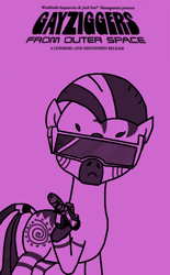 Size: 640x1032 | Tagged: safe, artist:anonymous, zecora, pony, zebra, /mlp/, 4chan, drawthread, gayniggers from outer space, gun, handgun, monochrome, movie poster, pistol, ponified, ponified movie poster, solo, sunglasses, text, weapon