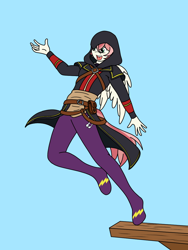 Size: 900x1200 | Tagged: safe, artist:linedraweer, oc, oc only, anthro, anthro oc, assassin's creed, cloak, clothes, commission, hood, jumping, jumpsuit, male, shadowbolts, solo, watch dogs, wings