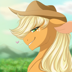 Size: 978x980 | Tagged: safe, artist:scarletsfeed, applejack, earth pony, pony, bedroom eyes, bust, cute, digital art, female, floating heart, grin, heart, jackabetes, mare, portrait, profile, smiling, solo