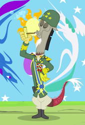 Size: 476x695 | Tagged: safe, derpibooru import, screencap, discord, draconequus, twilight's kingdom, boots, bubble, bubble pipe, clothes, corncob pipe, cropped, equestrian flag, eyes closed, general discord, helmet, male, patton, pipe, shoes, solo, uniform