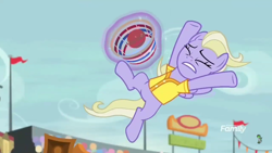 Size: 1280x720 | Tagged: safe, screencap, sweet buzz, pegasus, pony, common ground, basket, buckball, buckball uniform, buckbasket, bushel basket, clothes, eyes closed, female, jersey, las pegasus resident, magic, magic aura, mare, telekinesis