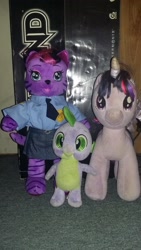 Size: 1836x3264 | Tagged: safe, spike, twilight sparkle, twilight sparkle (alicorn), alicorn, cat, dragon, pony, build-a-bear, female, irl, male, mare, photo, plushie