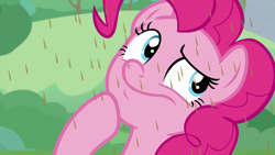 Size: 1920x1080 | Tagged: safe, screencap, pinkie pie, earth pony, pony, the ending of the end, chocolate, chocolate rain, female, food, hoof on chin, mare, rain, solo, thinking