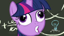 Size: 656x368 | Tagged: safe, derpibooru import, screencap, twilight sparkle, twilight sparkle (alicorn), alicorn, best gift ever, chalkboard, crazy face, derp, discovery family logo, faic, lightbulb, open mouth, pudding face, solo, twilight sparkle is best facemaker, wat