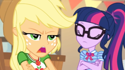 Size: 1600x900 | Tagged: safe, screencap, applejack, sci-twi, twilight sparkle, better together, equestria girls, holidays unwrapped, bowtie, geode of super strength, glasses, magical geodes, ponytail, the cider louse fools, unamused, upset