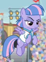 Size: 555x751 | Tagged: safe, screencap, wind sprint, pegasus, pony, common ground, angry, clothes, cropped, female, filly, flying, foal, frown, jersey, lidded eyes, solo, unimpressed, wind sprint is not amused