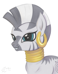 Size: 3256x4184 | Tagged: safe, artist:fladdrarblyg, zecora, zebra, bust, ear piercing, earring, female, jewelry, mare, neck rings, piercing, portrait, signature, simple background, smiling, solo, traditional art, white background