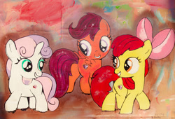 Size: 1762x1200 | Tagged: safe, artist:aquilateagle, apple bloom, scootaloo, sweetie belle, earth pony, pegasus, pony, unicorn, cardboard, cutie mark crusaders, painting