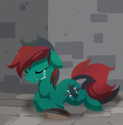 Size: 1024x1040 | Tagged: safe, artist:xsidera, derpibooru import, oc, oc only, oc:forest farseer, earth pony, pony, crying, cutiemarking, dark, eyes closed, floppy ears, frown, gritted teeth, homeless, male, prone, sad, solo, stallion