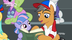 Size: 1920x1080 | Tagged: safe, screencap, daisy, flower wishes, quibble pants, sunshower raindrops, wind sprint, earth pony, pegasus, pony, unicorn, common ground, baseball cap, bleachers, bonding, book, cap, clothes, discovery family logo, duo focus, female, filly, hat, male, reading, shirt, stallion