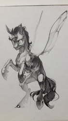 Size: 1080x1920 | Tagged: safe, artist:yanisfucker, derpibooru import, changeling, grayscale, monochrome, rearing, sketch, solo, spread wings, wings