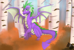 Size: 2962x2025 | Tagged: safe, artist:jazzwolf347, spike, dragon, commission, fangs, forest, looking at you, male, older, older spike, solo, spread wings, winged spike, wings