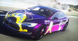 Size: 1022x545 | Tagged: safe, artist:pabrony83, twilight sparkle, pony, big crown thingy, car, forza motorsport 6, jewelry, racing, regalia, tesla, tesla model s, video game