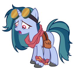 Size: 2381x2203 | Tagged: safe, artist:tersisa, oc, hybrid, pony, unicorn, female, goggles, mare, offspring, parent:hoo'far, parent:marble pie, saddle bag, simple background, solo, transparent background