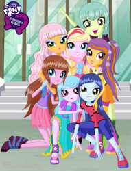 Size: 4367x5729 | Tagged: safe, artist:rosesweety, derpibooru import, equestria girls, absurd resolution, astoria rapunzel, blossom hart, canterlot high, equestria girls logo, equestria girls specials, equestria girls-ified, group, joy lefrog, lily mermaid, lingling ironfan, lori robin hood, regal academy, rose cinderella