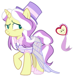 Size: 1765x1836 | Tagged: safe, artist:tersisa, oc, pony, bowtie, clothes, female, hat, mare, offspring, parent:flim, parent:lily lace, see-through, see-through skirt, simple background, skirt, solo, top hat, transparent background