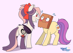 Size: 3067x2218 | Tagged: safe, artist:xwhitedreamsx, derpibooru import, oc, oc only, oc:paper bag, oc:sweet velvet, bat pony, pony, blushing, female, grin, looking at each other, mare, nervous, paper bag, purple background, simple background, smiling, sweat, sweatdrops