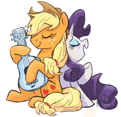 Size: 1280x1243 | Tagged: safe, artist:virtualkidavenue, applejack, rarity, earth pony, pony, unicorn, cowboy hat, eyes closed, female, guitar, hat, hoof hold, lesbian, mare, musical instrument, playing guitar, rarijack, shipping, singing