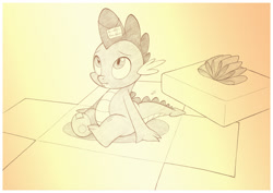 Size: 1042x737 | Tagged: safe, artist:sherwoodwhisper, derpibooru import, spike, dragon, cute, gift wrapped, looking up, male, monochrome, present, solo, spikabetes