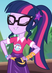 Size: 552x778 | Tagged: safe, screencap, sci-twi, twilight sparkle, better together, equestria girls, sunset's backstage pass!, clothes, collar, cropped, cute, eyes closed, female, forest, forest background, geode of telekinesis, glasses, hairclip, hands on hip, logo, magical geodes, music festival outfit, ponytail, pouch, shirt, short sleeves, skirt, smiling, wrist wraps