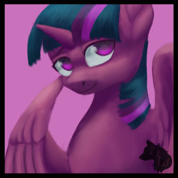 Size: 2449x2449 | Tagged: safe, artist:jazzwolf347, twilight sparkle, twilight sparkle (alicorn), alicorn, pony, bust, female, mare, pink background, simple background, smiling, solo