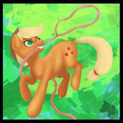 Size: 2449x2449 | Tagged: safe, artist:jazzwolf347, applejack, earth pony, pony, abstract background, cutie mark, female, lasso, mare, mouth hold, raised hoof, rope, solo