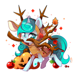 Size: 800x800 | Tagged: safe, artist:ipun, oc, oc only, oc:rainspeak, pony, unicorn, apple, chibi, cute, daaaaaaaaaaaw, deer costume, deviantart watermark, female, food, halloween, holiday, jack-o-lantern, leaves, mare, mouth hold, obtrusive watermark, pumpkin, simple background, solo, transparent background, tree branch, watermark