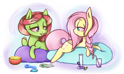 Size: 971x579 | Tagged: safe, artist:kaywhitt, fluttershy, tree hugger, earth pony, pegasus, pony, bong, cute, drugs, duo, female, flutterhigh, food, high, huggerbetes, marijuana, pipe, popcorn, shyabetes, snacks, tree stoner