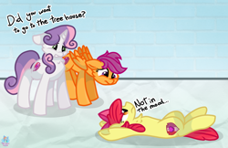 Size: 1870x1210 | Tagged: safe, artist:rainbow eevee, apple bloom, scootaloo, sweetie belle, pegasus, pony, unicorn, atg 2019, brick wall, crumpled, cute, cutie mark crusaders, dialogue, female, filly, lying down, newbie artist training grounds, on back, simple background, talking, text, unamused, underhoof, worried