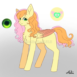 Size: 768x768 | Tagged: safe, artist:malinraf1615, derpibooru import, oc, oc only, oc:ema, pegasus, pony, chest fluff, colored wings, colored wingtips, female, gradient background, mare, offspring, parent:big macintosh, parent:fluttershy, parents:fluttermac, reference sheet, signature, solo, watermark