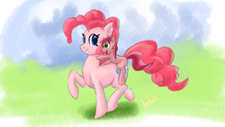 Size: 3840x2160 | Tagged: safe, artist:archonix, pinkie pie, ruby pinch, earth pony, pony, unicorn, blank flank, female, filly, mare, pointing, ponies riding ponies, riding, simple background, smiling, walking