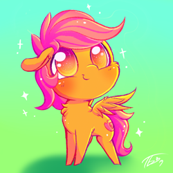 Size: 1500x1500 | Tagged: safe, artist:tamabel, scootaloo, pegasus, pony, blushing, cheek fluff, chest fluff, chibi, colored pupils, cute, cutealoo, ear fluff, female, filly, floppy ears, gradient background, leg fluff, needs more saturation, smiling, solo, sparkles, spread wings, standing, wings