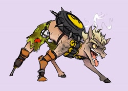 Size: 3549x2520 | Tagged: safe, artist:the-blackeye, earth pony, pony, amputee, clothes, crossover, junkrat, male, overwatch, peg leg, prosthetic arm, prosthetic leg, prosthetic limb, prosthetics, riptire, sharp teeth, shorts, simple background, sketch, skull, smoke, solo, stallion, tattoo, teeth