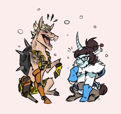 Size: 1471x1378 | Tagged: safe, artist:the-blackeye, earth pony, pony, unicorn, amputee, clothes, crossover, curved horn, female, gloves, horn, junkrat, laughing, male, mare, mei, meme, otp, overwatch, peg leg, prosthetic arm, prosthetic leg, prosthetic limb, prosthetics, sharp teeth, shipping, shorts, sketch, skull, stallion, tattoo, teeth