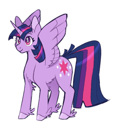 Size: 594x639 | Tagged: safe, artist:biskyfresh, derpibooru import, part of a set, twilight sparkle, twilight sparkle (alicorn), alicorn, pony, chest fluff, cutie mark, female, mare, simple background, smiling, solo, spread wings, unshorn fetlocks, white background, wings